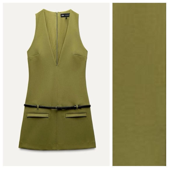 NWT. Zara Green Sleeveless Belted V-Neck Mini Dress. Size XXL. - Picture 6 of 13